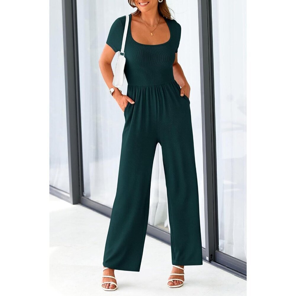 Women's Dark Green Summer Short Sleeve Square Neck Wide Leg Rompers Jumpsuits - Picture 3 of 8